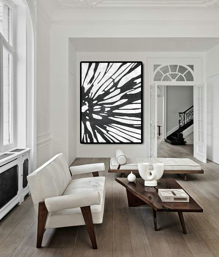 Modern Abstract Wall Art,Black And White Minimal Painting On Canvas - Modern Canvas Art